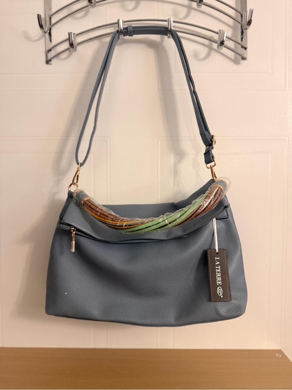 La Terre Blue Leather Shoulder Hobo Bag